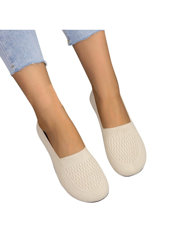Wide Ballet Flats Shoes for Women, Foldable Knit Women's Round Toe Slip on Flats with Arch Support, Comfortable Shoes for Women Dressy Casual Work Office