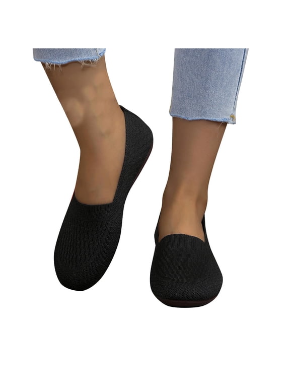 Wide Ballet Flats Shoes for Women, Foldable Knit Women's Round Toe Slip on Flats with Arch Support, Comfortable Shoes for Women Dressy Casual Work Office
