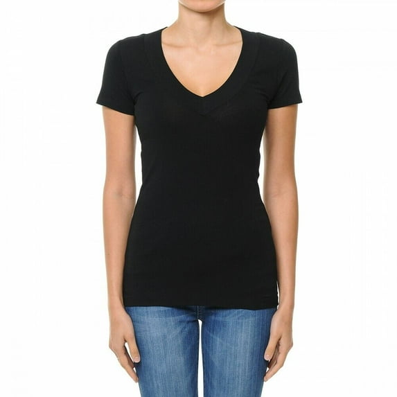 Wide Band Deep V-Neck Short Sleeve Casual T Shirt Top Cotton/Spandex (S-3X)