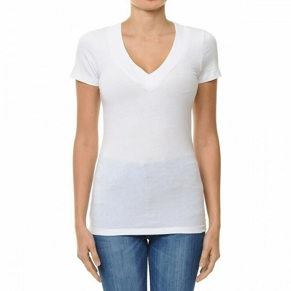 Wide Band Deep V-Neck Short Sleeve Casual T Shirt Top Cotton/Spandex (S-3X)