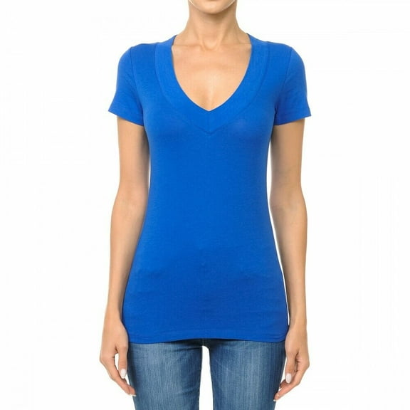 Wide Band Deep V-Neck Short Sleeve Casual T Shirt Top Cotton/Spandex (S-3X)