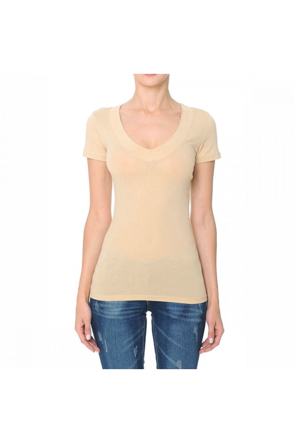 Wide Band Deep V-Neck Short Sleeve Casual T Shirt Top Cotton/Spandex (S-3X)