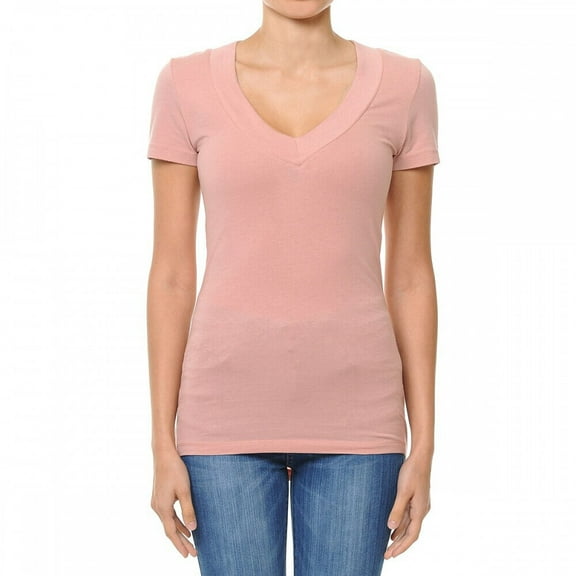 Wide Band Deep V-Neck Short Sleeve Casual T Shirt Top Cotton/Spandex (S-3X)