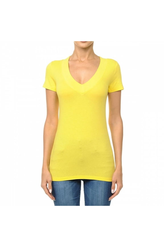 Wide Band Deep V-Neck Short Sleeve Casual T Shirt Top Cotton/Spandex (S-3X)