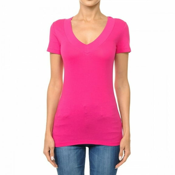 Wide Band Deep V-Neck Short Sleeve Casual T Shirt Top Cotton/Spandex (S-3X)