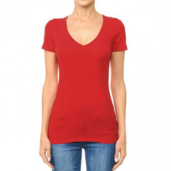Wide Band Deep V-Neck Short Sleeve Casual T Shirt Top Cotton/Spandex (S-3X)