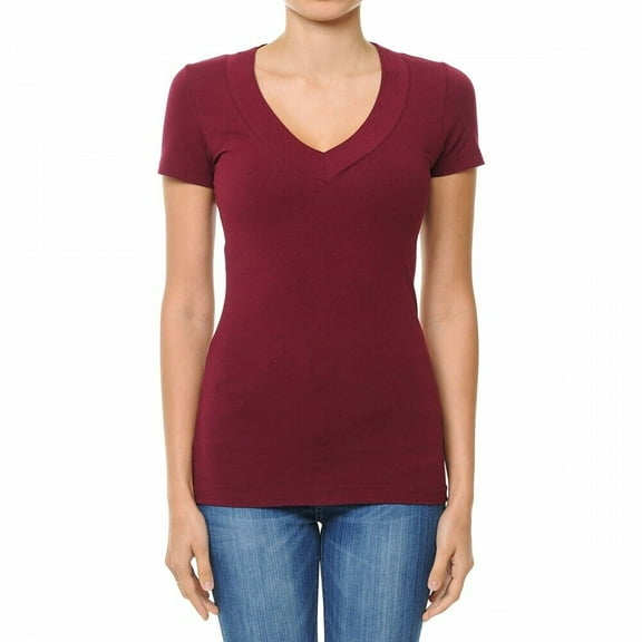 Wide Band Deep V-Neck Short Sleeve Casual T Shirt Top Cotton/Spandex (S-3X)