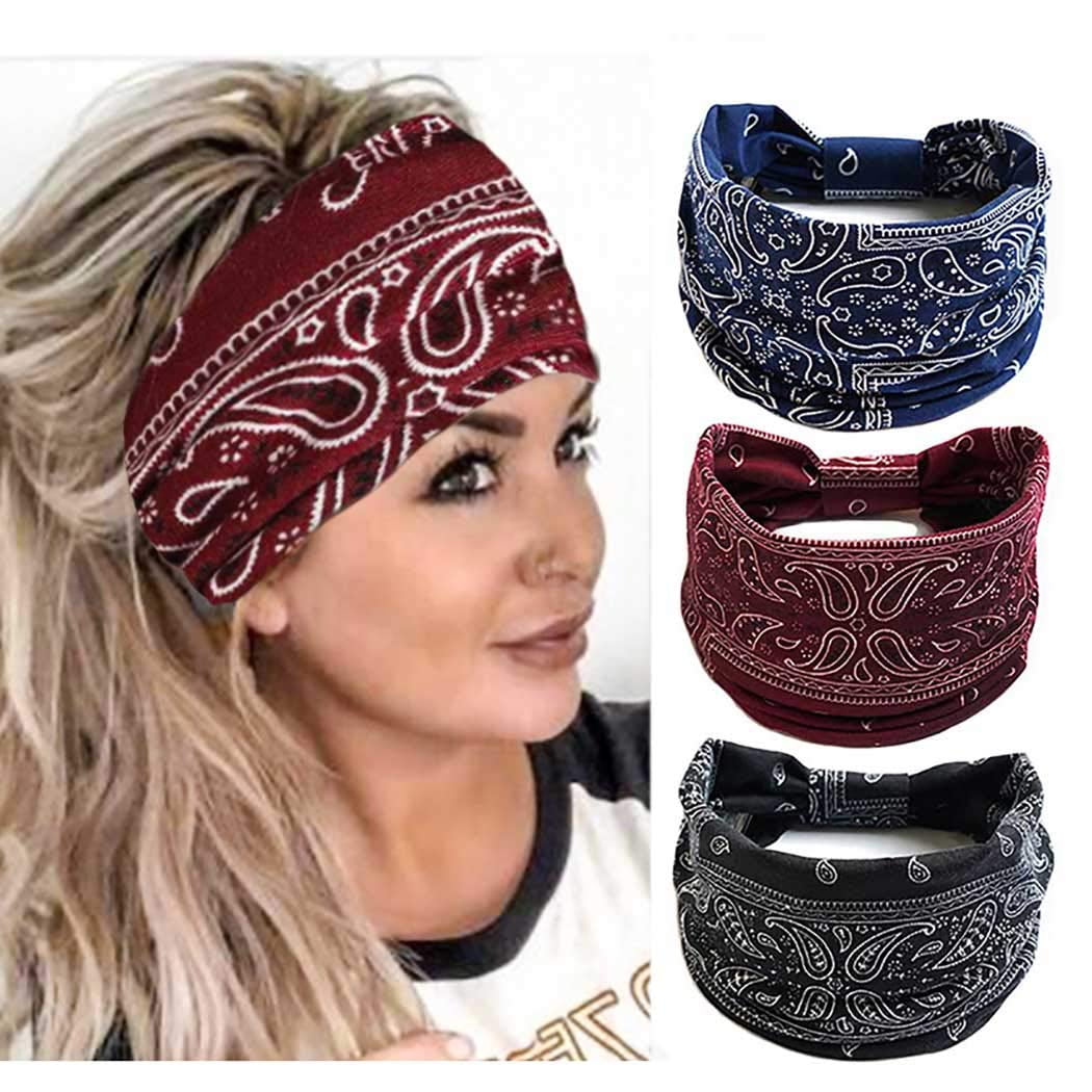 Wide Bandana headbands for Women Headbands Knot Hair Scarf Bands Stretch  Printed Non Slip Headbands Elastic Turban Head Wraps Thick Headbands,Pack  of 3 