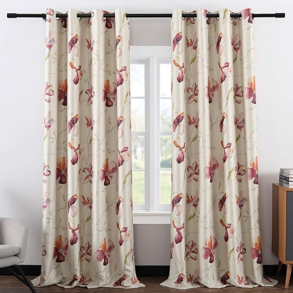Wide Blackout Farmhouse Curtains for Sliding Door, Sun Light Block Window Treatment Curtain Thermal Insulated Girls' Room Red Flowers 42"W x 108"L (Pack of 2)