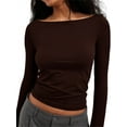 thumbnail image 1 of Wide Boat Neck Women Long Sleeved Solid Slim Fit Crop Shirt Tops, 1 of 1
