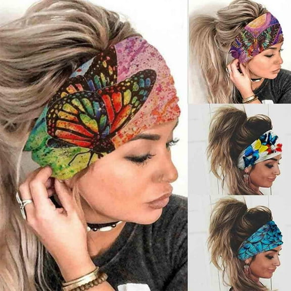 Wide Boho Headband Headwrap Butterfly Stretch Hair Bands Bandana Yoga Running Athletic Turban Head Bands Head Scarfs Hair Accessories for Women and Girls 4Pcs