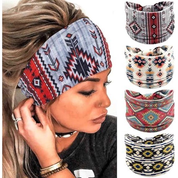 Wide Boho Headbands Floral Stretch Wraps Butterfly Hairbands Knotted Bandana Headband Yoga Turban Scarfs Workout Hair Accessories for Women 4 count (Floral, 9.4 * 5.9'')