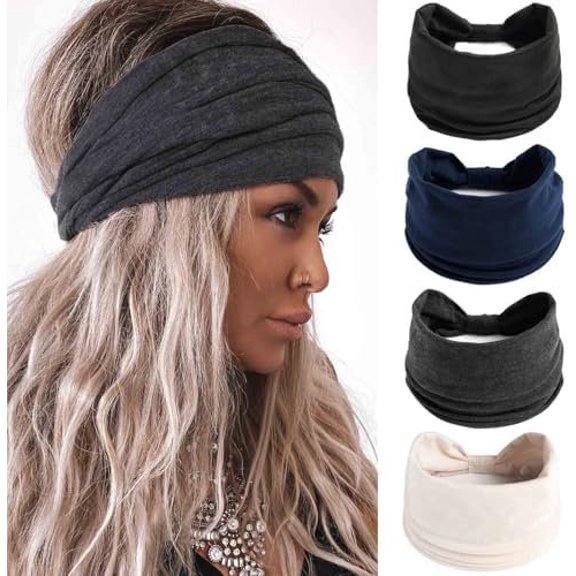 Wide Boho Headbands Floral Stretch Wraps Turban Knotted Yoga Hairbands Workout Hair Accessories for Women 4 count (Daily, 9.4 * 5.9'')