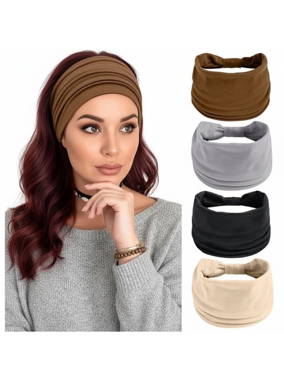 Wide Boho Headbands for Women Fashion Knotted HeYoga Workout Hair Accessories African Head Wrap Black 4 Pack