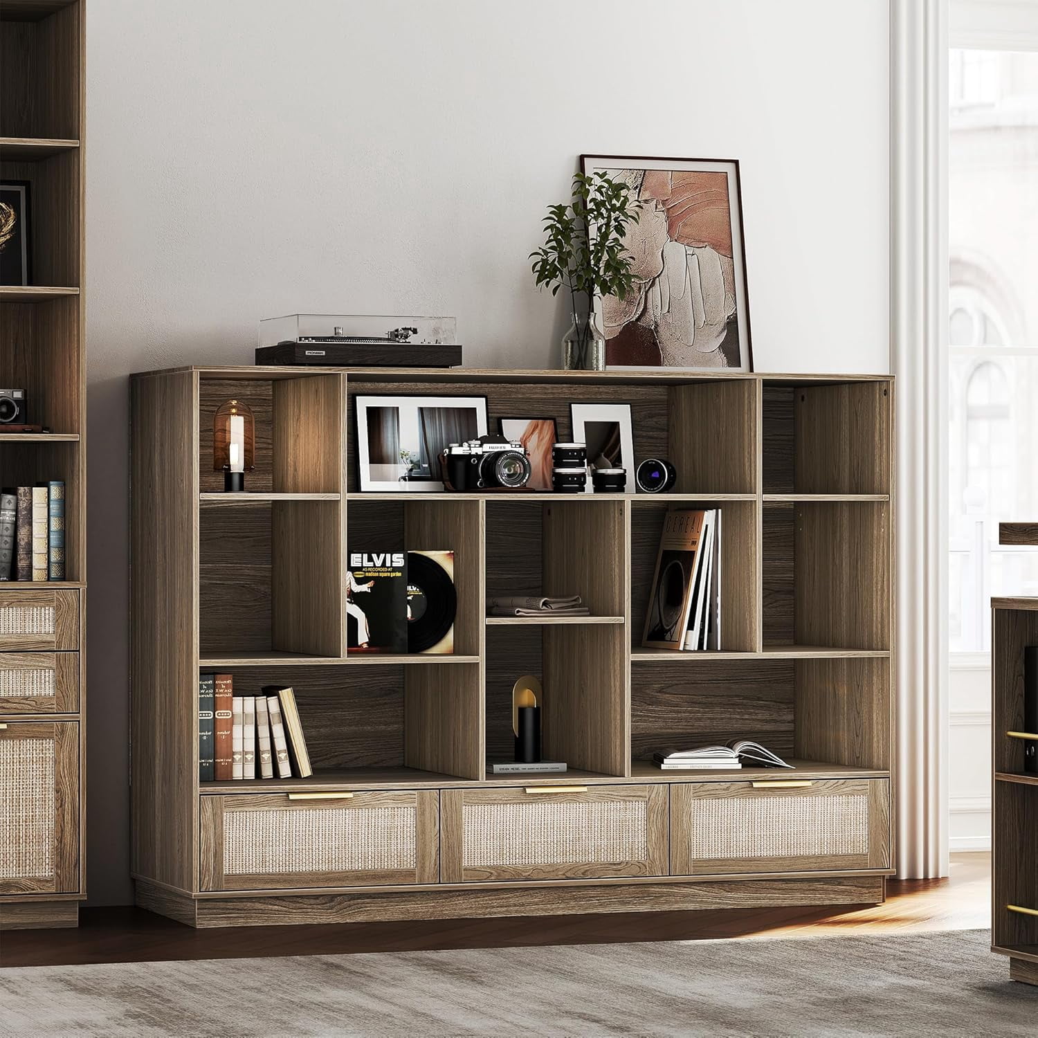 Bookcase Drawers Rattan Wide Bookcase with Drawers, Cube Bookshelf Storage Organizer, Rattan ...