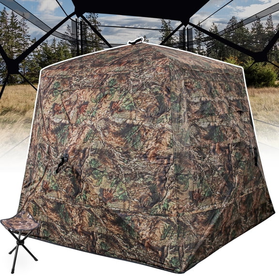 Wide Bottom Hunting Blind 1-3 Person with Portable Chair, 270 Degree See Through Pop up Ground Blinds for Deer Turkey Duck Hunting, Bow Hunting Adjust Windows with Silent Zipper