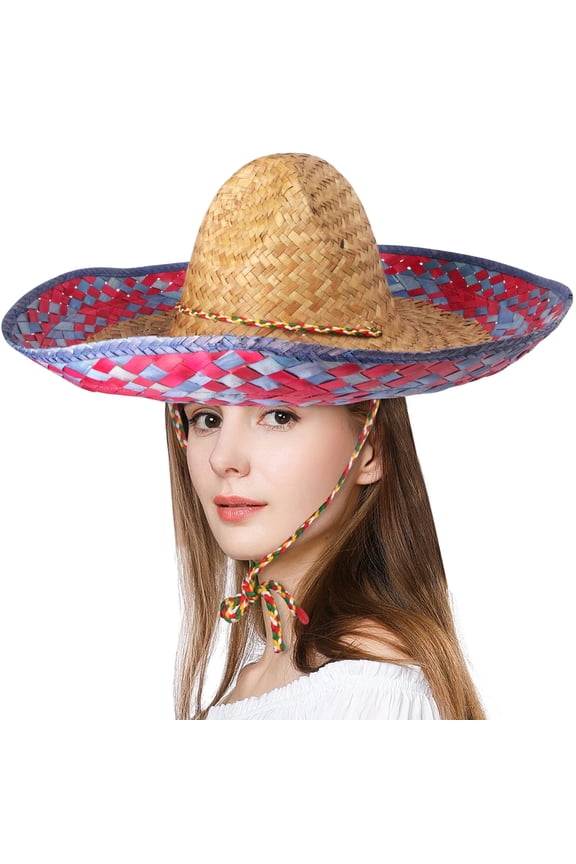 Wide-Brim 18-inch Adult Mexican Sombrero Hat | Handwoven Straw with Colorful Serape Trim | Cinco de Mayo & Fiesta Party Decor