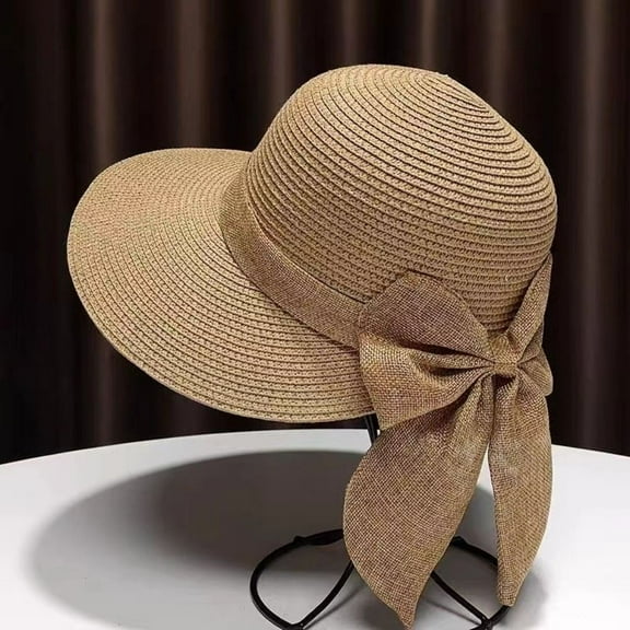 Wide Brim Beach Cap Bowknot Straw Hat Summer Sun Hat  for Women-Khaki