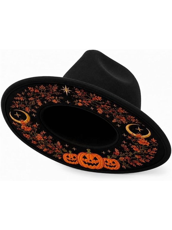 Wide Brim Black Felt Gothic Jazz Fedora Hat, Underbrim Pumpkin Moon Star Embroidery, Halloween Costume Cosplay Hat for Women & Men, One Size 56-58cm