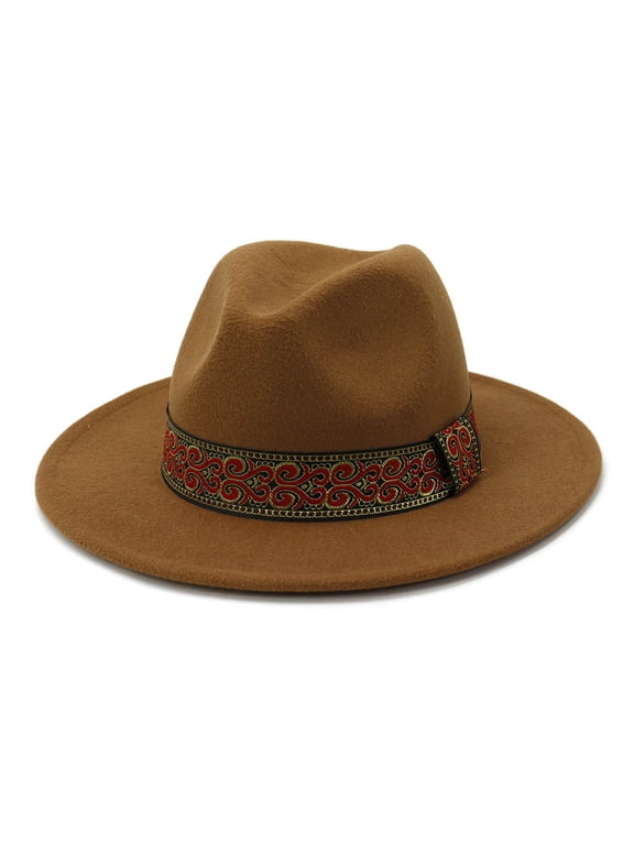 Wide Brim Boho Western Hat for Men Women Felt Fedora Hat Flat Brim with Belt