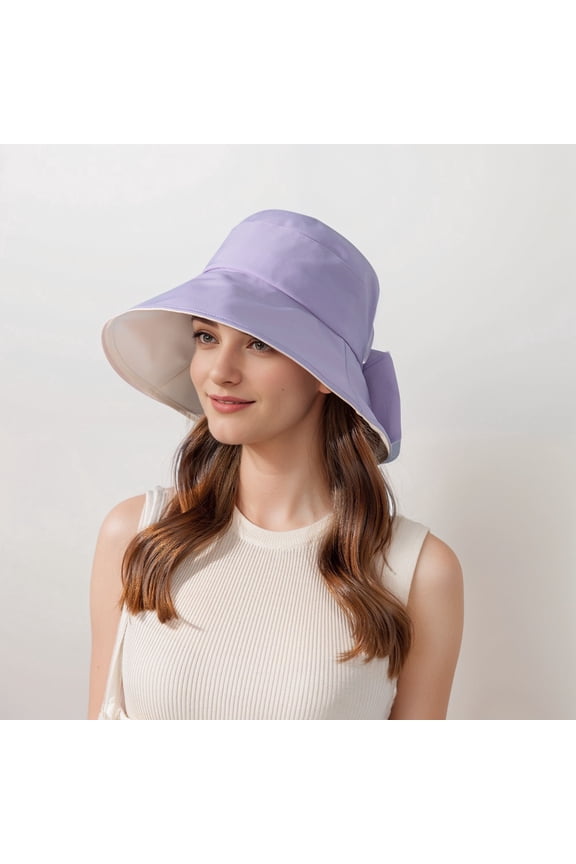 Wide Brim Bucket Hat Back Bow Detail for Sun Protection and Stylish Summer Looks - Purple