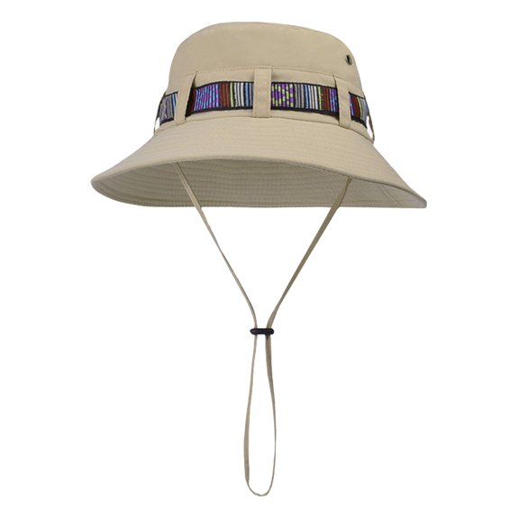 Wide Brim Bucket Hat with Colorful Ribbon Trim Breathable Mesh Lining and Adjustable Chin Strap for Outdoor Use - Khaki