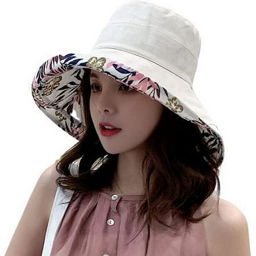 Wide Brim Cotton Summer Hat,Women's Packable Reversible Floral Bucket Hat Sun Protection Beach Cap Floppy Sun Hats