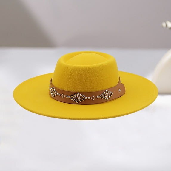 Wide Brim Cowboy Hat With Decorative Oval Detailing For Everyday Outdoor Wear In All Seasons End, Yellow