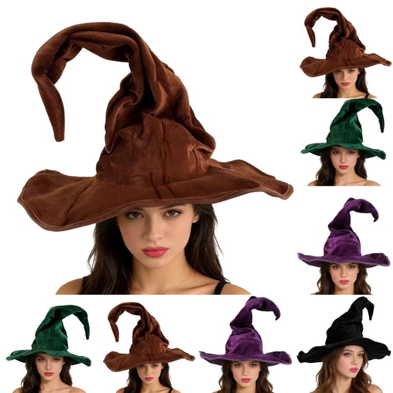 Wide Brim Curly Peak Halloween Witch Costume Hats for Women Soft Lightweight Foldable Wizard Headwear Decorative Accessory for Night Party Wear,Brown