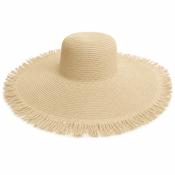 SHOPKINGL Womens Wide Brim Straw Sun Hat, Frayed Edge Foldable Beach Hat, Packable Floppy Summer Travel Hat,Beige