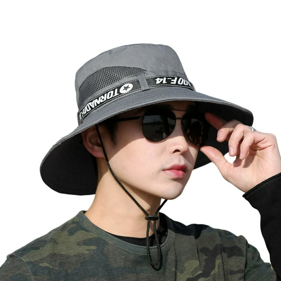 Wide Brim Flat Top Round Letter Print Windproof Strap Hollow Out Sun Hat Men Women, Hiking Fishing Sun Hat, Chin Strap, Summer Fisherman Hat For Outdoor
