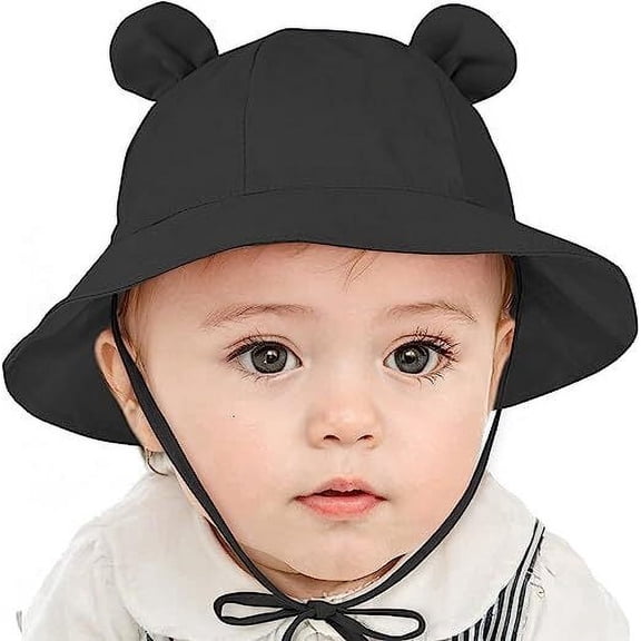 Wide Brim Hats Cute Baby summer Sun hat UPF 50+ toddler Adjustable bucket hats sun protective with Chin Strap for kids boys and girls black 3-6 Months