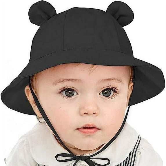 Wide Brim Hats Cute Baby summer Sun hat UPF 50+ toddler Adjustable bucket hats sun protective with Chin Strap for kids boys and girls black 3-6 Months