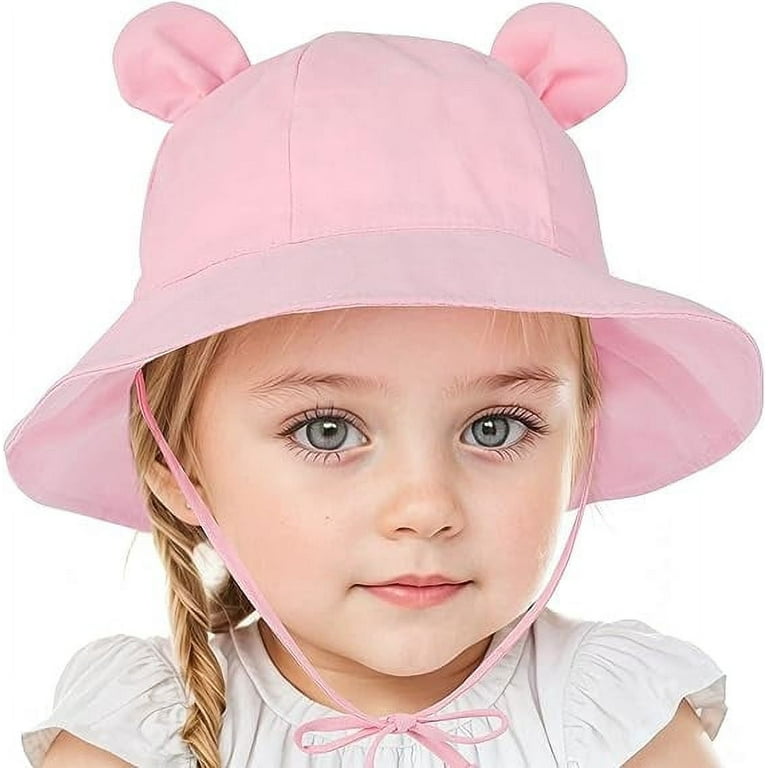 Wide Brim Hats Cute Baby summer Sun hat UPF 50+ toddler Adjustable bucket  hats sun protective with Chin Strap for kids boys and girls pure pink 12-24