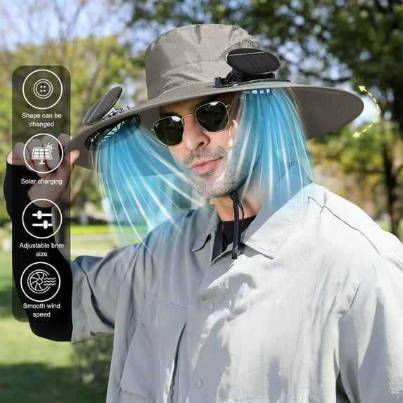 Wide Brim Hats For Men,Fan Hat Solar Powered Sun Hat With Fan Removable Wide Brim Sun Hat Outdoor Hats with 2 Fans Built in Sun Protection Fishing Hat - Gray