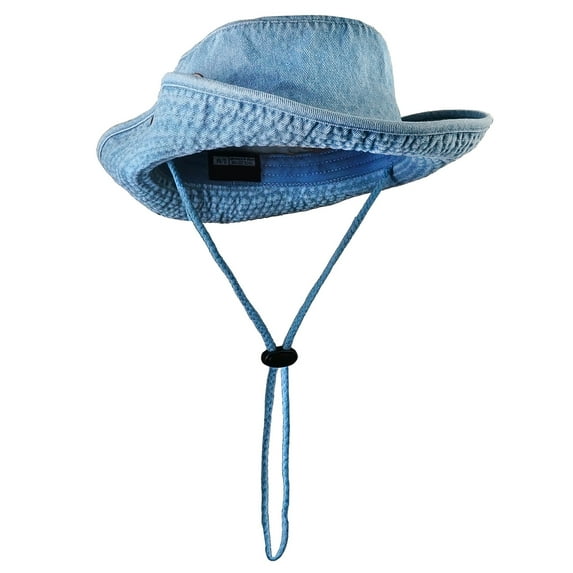 Wide Brim Hiking Fishing Safari Boonie Bucket Hats 100% Cotton UV Sun Protection For Men Women Outdoor Activities S/M Blue Denim