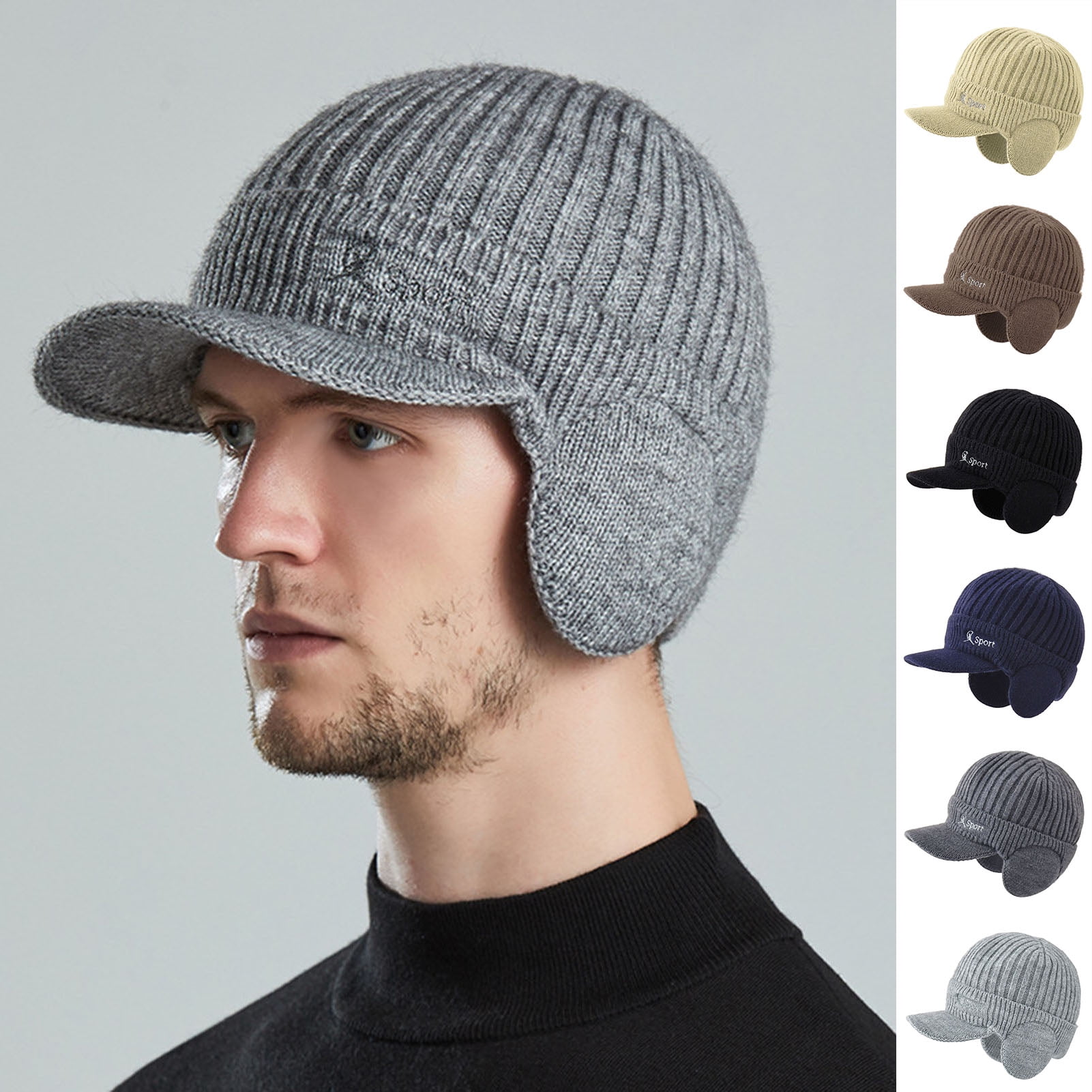 Wide Brim Letter Print Ribbed Baseball Cap Men Ear Protection Winter  Knitted Hat Costume Accessories