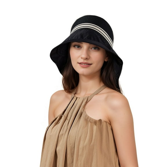 Wide Brim Mesh Sun Hat with Back Bow UV Protection Foldable Travel Hat for Women Outdoor Summer Style - Black