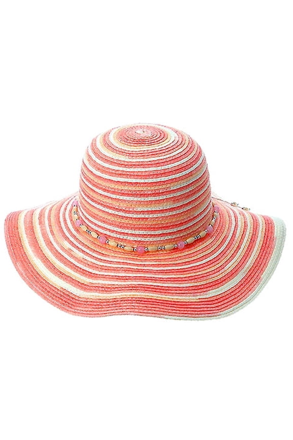 Wide Brim Mixed Stripes Toyo Straw w/ Beaded Band - Pink - HT-8181PK