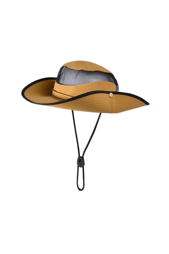 Wide Brim Outdoor Hat with Mesh Ventilation Snap-Up Sides and Chin Strap for Hiking, Beach, Travel, and Sun Protection - Yellow