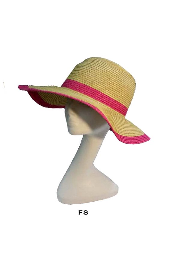 Wide Brim Paper Straw Hat w/ Color Band & Trim - Fuchsia - HT-6039FS