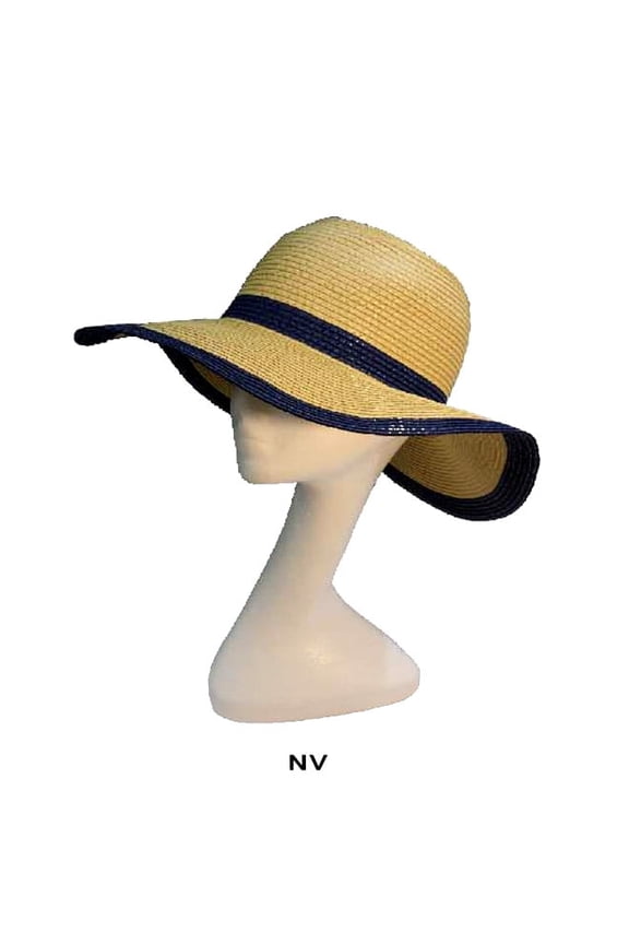 Wide Brim Paper Straw Hat w/ Color Band & Trim - Navy - HT-6039NV