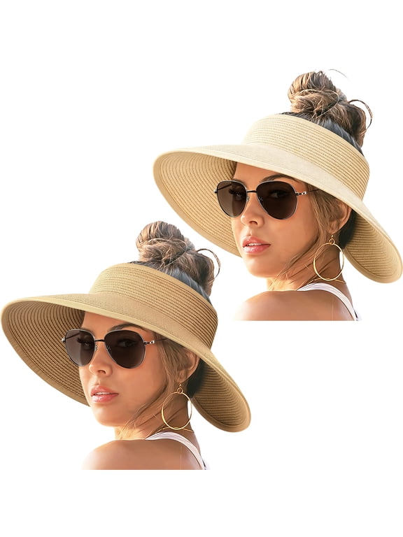 Wide Brim Ponytail Packable Foldable UPF 50+ Floppy Straw Sun Visor Hat for Beach Travel Outdoor, Beige, Women's, 2 Pack