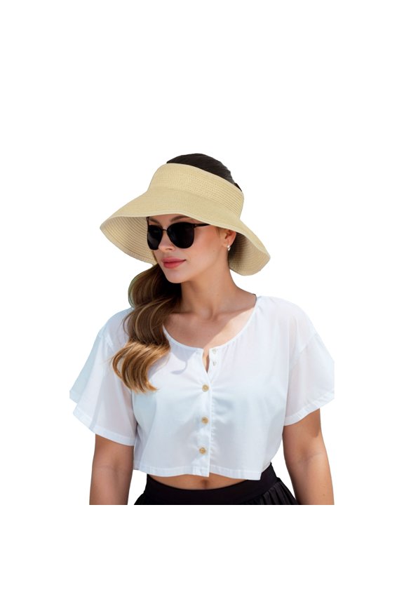 Wide Brim Roll-Up Straw Sun Visor Lightweight Packable Open-Top Beach Hat for UV Protection - Beige