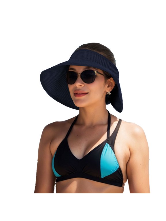 Wide Brim Roll-Up Straw Sun Visor Lightweight Packable Open-Top Beach Hat for UV Protection - Navy