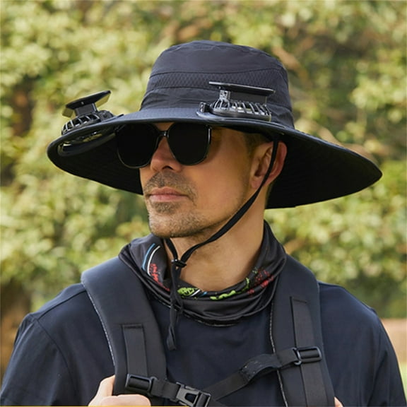 Wide Brim Solar Fan Hat, Hat with Fans Solar Power, Solar Fan Hat for Men Women, Outdoor Wide Brim Sun Hat with 2 Solar Fan, Solar Power Fan Hat, for 56-60cm Head Circumference 12cm-Brim Black