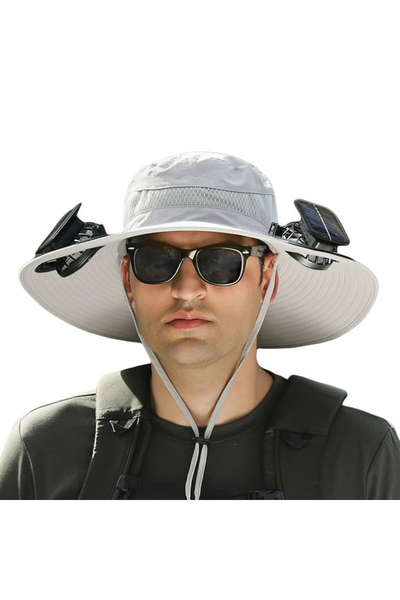Wide Brim Solar Fan Hat, Outdoor Fishing Hat with 2 Fans Solar Power, Waterproof Outdoor Hiking Camping Fishing Hat Gift for Man Father