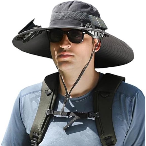 Hat with Fans Solar Power, Outdoor Wide Brim Sun Hat with 2 Solar Fan, Removable USB Charging Fan, Hiking Camping Fishing Hat