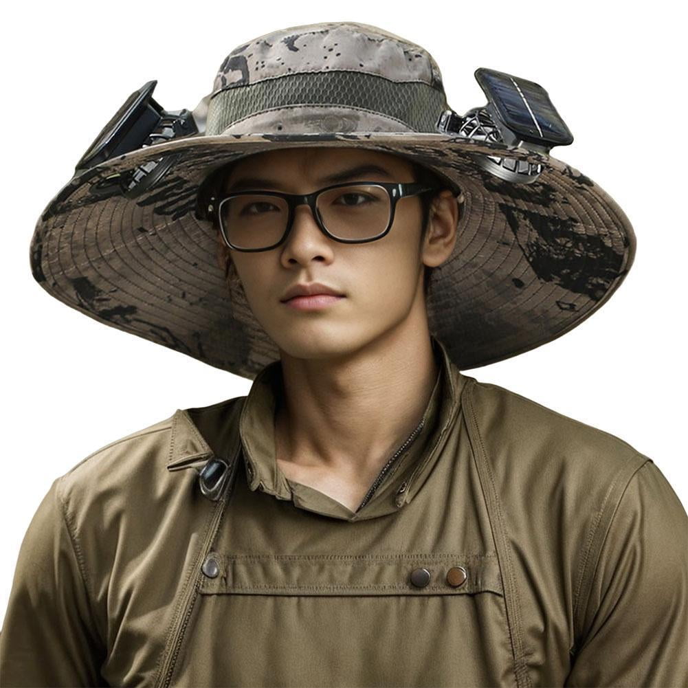Wide brim solar fan outdoor fishing hat mens sun hat with 2 solar fan
