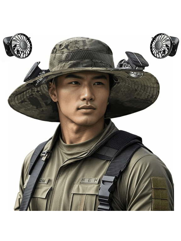 Wide Brim Solar Fan Outdoor Fishing Hat, Sun Protection Hat, Solar Fan Hat UPF 50+, Solar Fan Hats with 2 Solar Fan Fishing Hats.